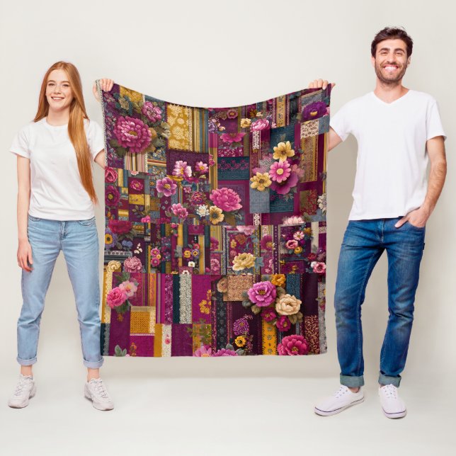 Bold Colourful Boho Floral Patchwork Pattern Fleece Blanket (In Situ)