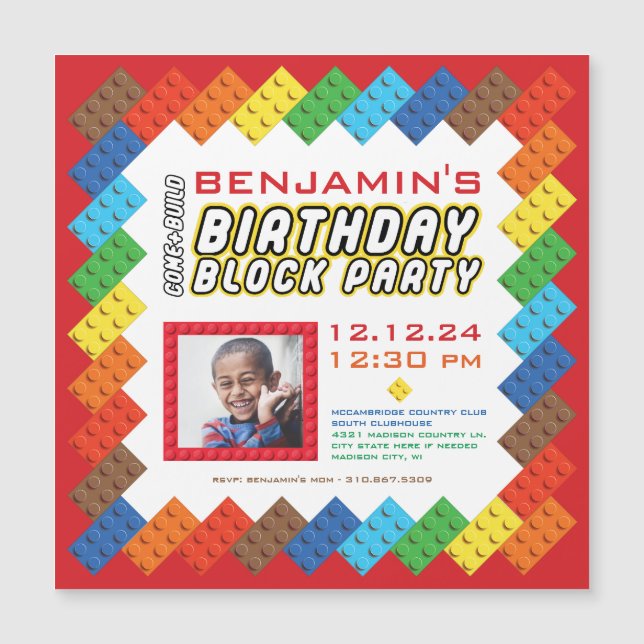 Bold Colourful Bricks Building Blocks Birthday Magnetic Invitation (Front)