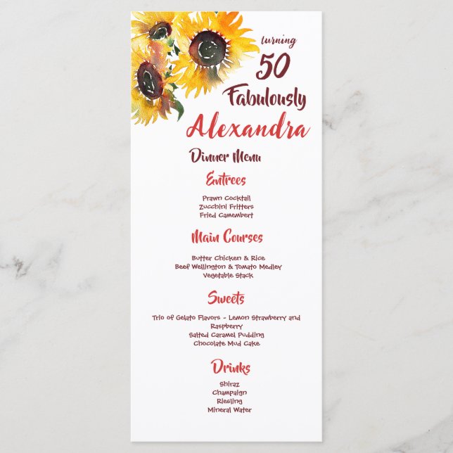 Bold & Colourful Fabulous 50 Watercolor Sunflower Menu (Front)