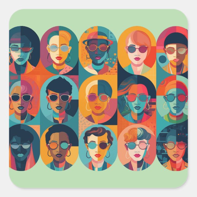 Bold, colourful faces celebrating individuality square sticker (Front)