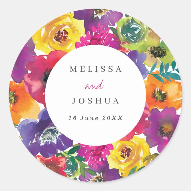 Bold Colourful Fiesta Floral Wedding  Classic Round Sticker (Front)
