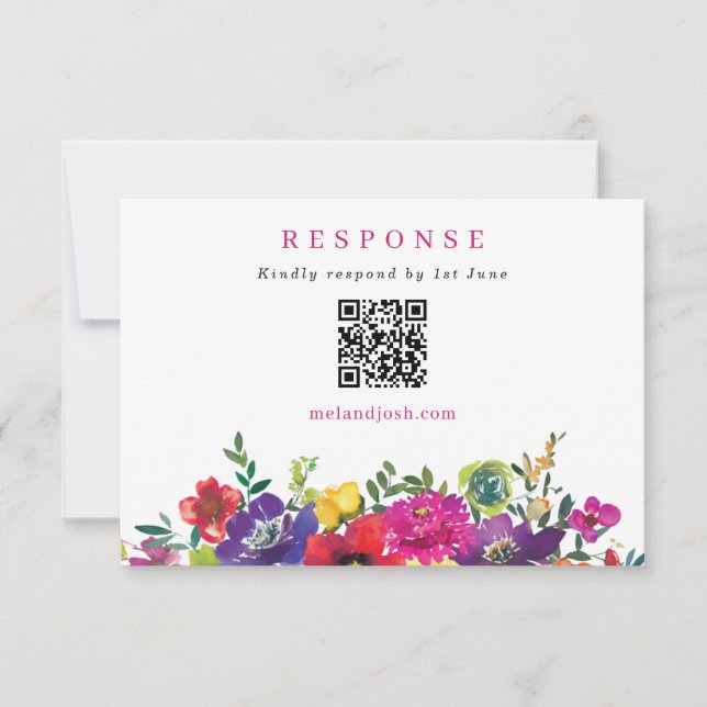 Bold Colourful Fiesta Flowers Wedding QR Code RSVP Card (Front)