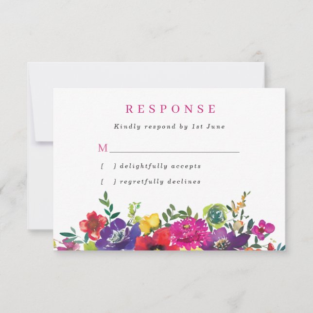 Bold Colourful Fiesta Flowers Wedding RSVP Card (Front)