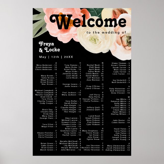 Bold Colourful Floral | Black Alphabetical Seating Poster (Front)