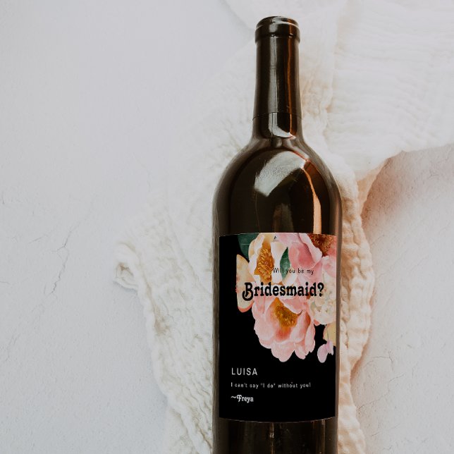Bold Colourful Floral | Black Bridesmaid Proposal Wine Label (Creator Uploaded)