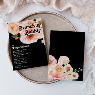 Bold Colourful Floral   Black Brunch and Bubbly Invitation