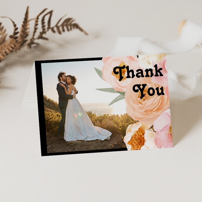 Bold Colourful Floral | Black Folded Photo Thank You Card (Creator Uploaded)