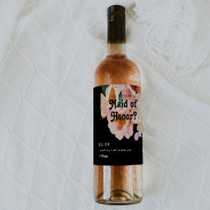 Bold Colourful Floral Black Maid Of Honour Proposa Wine Label