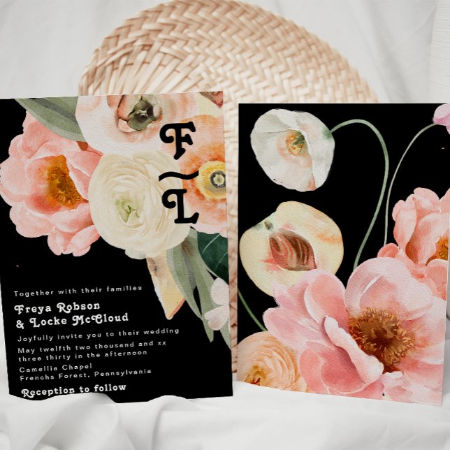 Bold Colourful Floral | Black Monogram Wedding Invitation (Creator Uploaded)