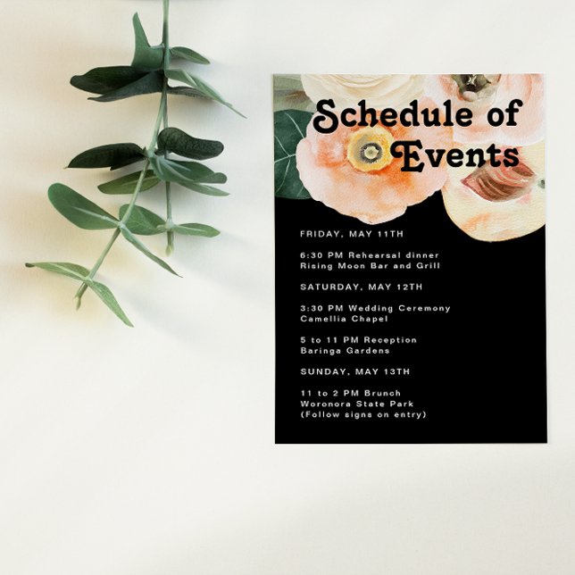 Bold Colourful Floral | Black Schedule of Events Enclosure Card (Creator Uploaded)