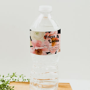 Bold Colourful Floral   Black Water Bottle Label