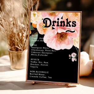 Bold Colourful Floral   Black Wedding Drinks Menu Poster