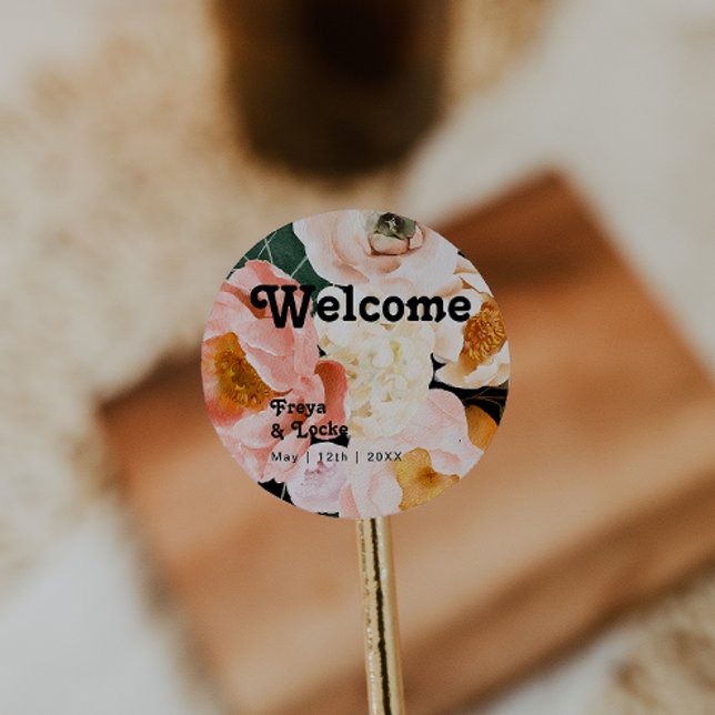 Bold Colourful Floral | Black Wedding Welcome Classic Round Sticker (Creator Uploaded)