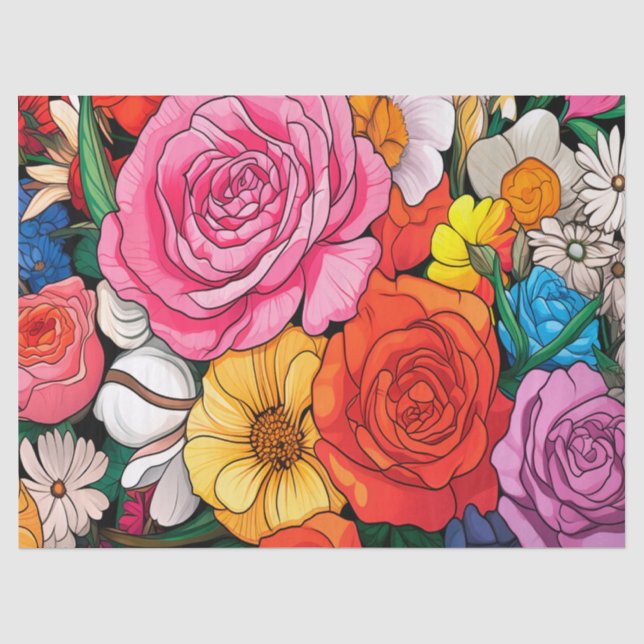 Bold Colourful Floral Decoupage Tissue Paper (Front)