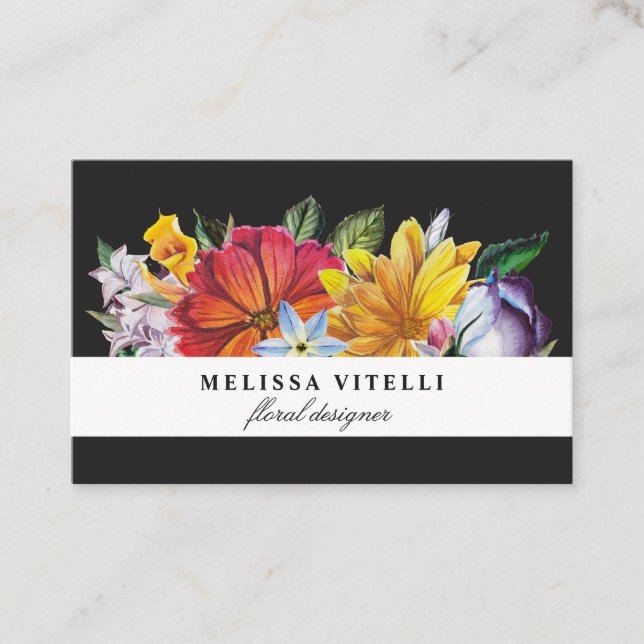 Bold Colourful Floral on Black Business Card (Front)