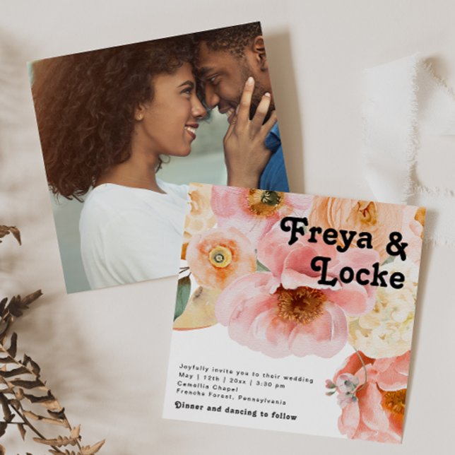 Bold Colourful Floral | Square Photo Wedding Invitation (Creator Uploaded)