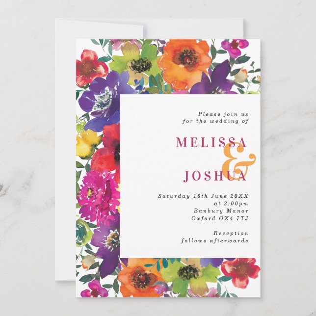 Bold & Colourful Floral Summer Wedding Invitation (Front)