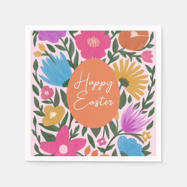 Bold Colourful Florals Stylish Easter | Orange Egg Napkin (Front)