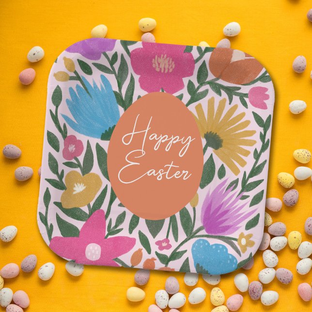 Bold Colourful Florals Stylish Easter | Orange Egg Paper Plate (Creator Uploaded)