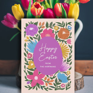 Bold Colourful Florals Stylish Easter   Purple Egg Holiday Card