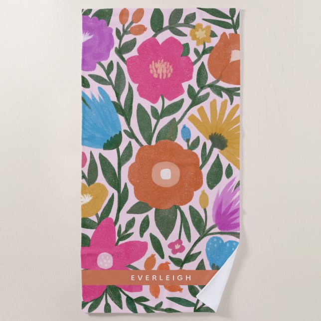 Bold Colourful Flowers Girls Name Beach Towel (Front)