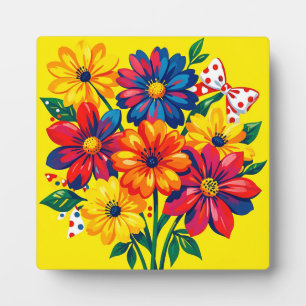 Bold Colourful Flowers Pop Art Bouquet Polka Dot Plaque