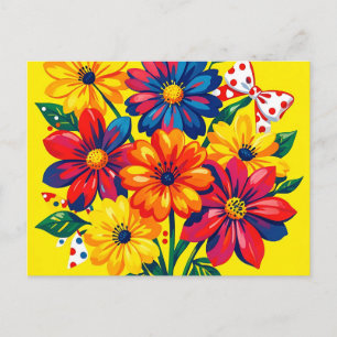  Bold Colourful Flowers Pop Art Bouquet Polka Dot  Postcard