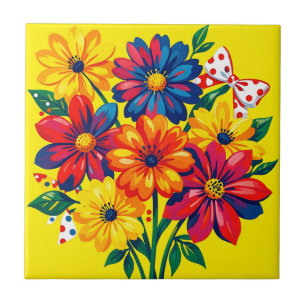 Bold Colourful Flowers Pop Art Bouquet Polka Dot Tile