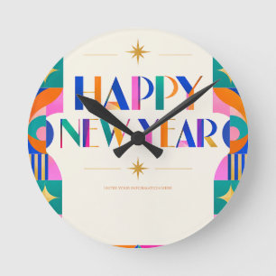 Bold Colourful Happy New Year Greeting Round Clock