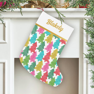 Bold Colourful Paper Trees Personalised Small Christmas Stocking