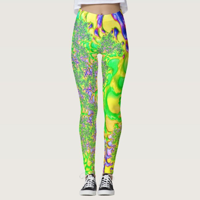 Bold Colourful Psychedelic Funky Acid Trip Fractal Leggings (Front)