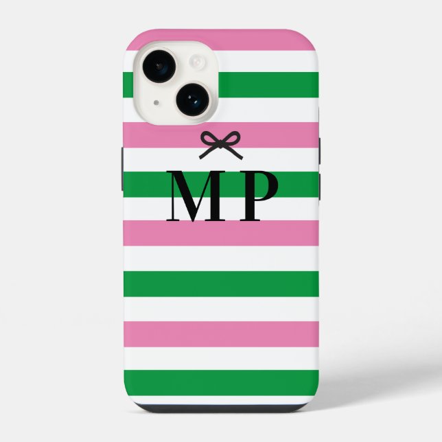 Bold Colourful Simple Pink and Green Bow Monogram iPhone Case (Back)