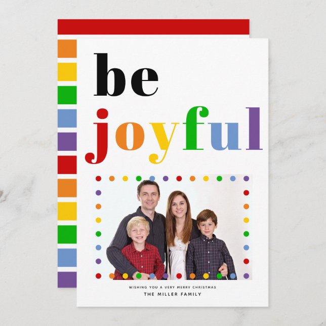 Bold colourful typography Be Joyful Christmas phot Holiday Card (Front/Back)