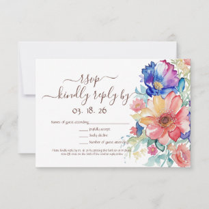 Bold Colourful Watercolor Floral RSVP Card
