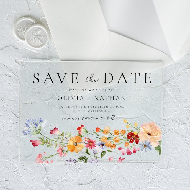 Bold Colourful Wildflowers Wedding Save The Date Acrylic Invitations (Creator Uploaded)