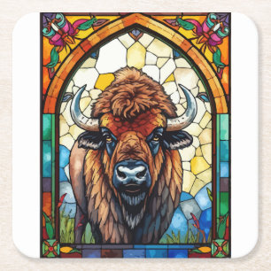 Bold Colours Bison Buffalo Cottagecore Rustic Prin Square Paper Coaster