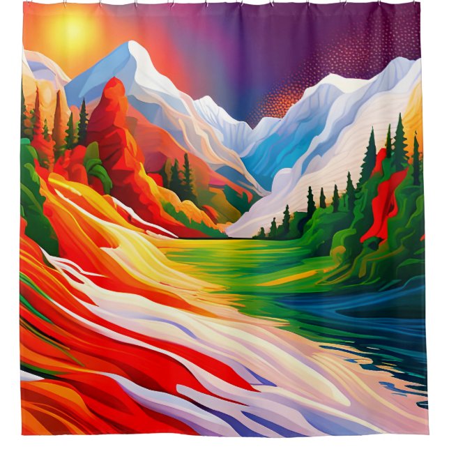 Bold Colours Mountain Forest River Landscape Shower Curtain (Front)