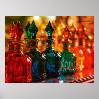 Bold Colours On Antique Perfume Bottles On a Wall Poster