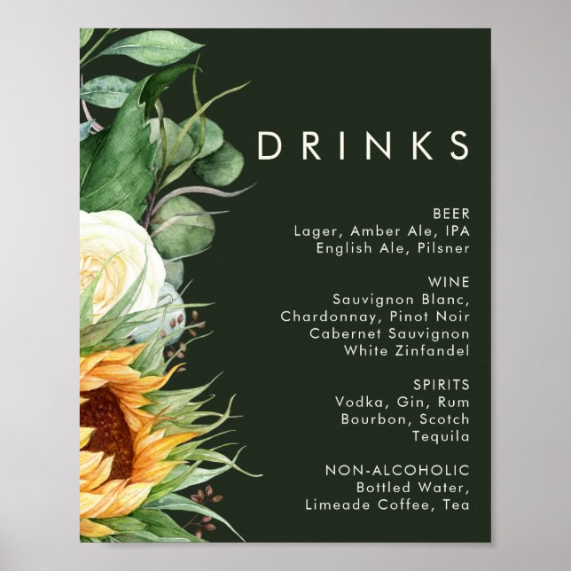 Bold Country Sunflower | Dark Green Wedding Drinks Poster (Front)