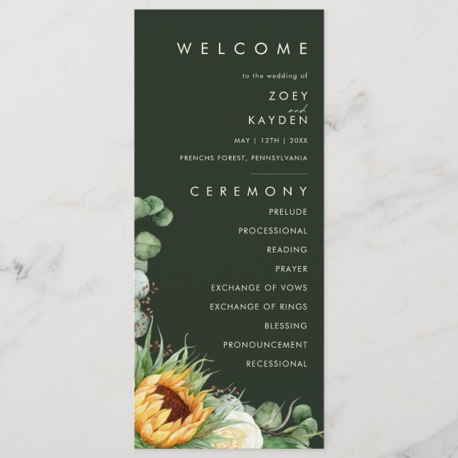 Bold Country Sunflower | Dark Green Wedding Programme (Front)
