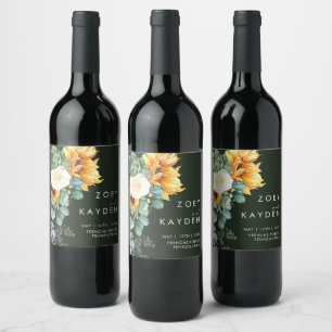 Bold Country Sunflower   Dark Green Wedding Wine Label