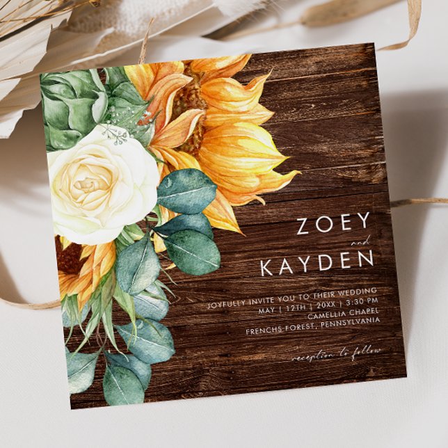 Bold Country Sunflower | Wood Square Wedding Invitation (Creator Uploaded)