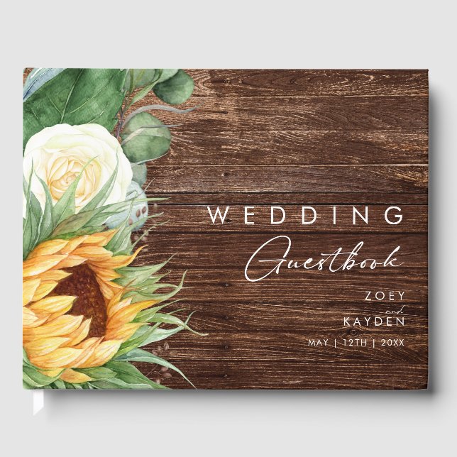 Bold Country Sunflower | Wood Wedding Guest Book (Front)