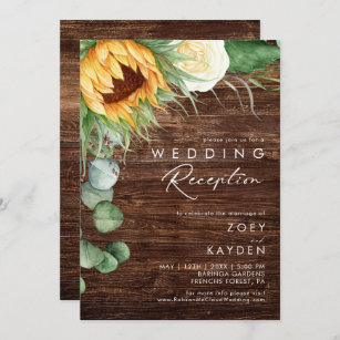 Bold Country Sunflower   Wood Wedding Reception Invitation