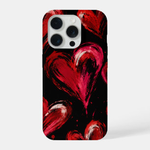Bold Crimson Brushstroke Hearts on Black iPhone 15 Pro Case