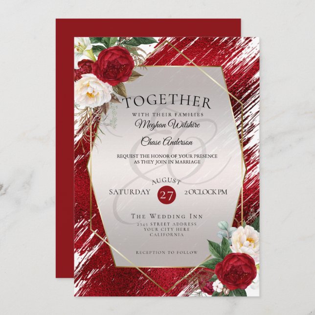 Bold Crimson Paint Stroke Red Peonies Invitation (Front/Back)