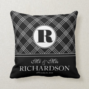 Bold Criss Cross Pattern Monogram Mr and Mrs Cushion