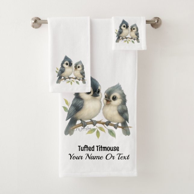 Bold Curious Tufted Titmouse Bath Towel Set (Insitu)
