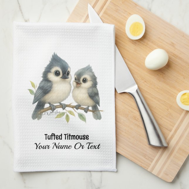 Bold Curious Tufted Titmouse  Tea Towel (Quarter Fold)