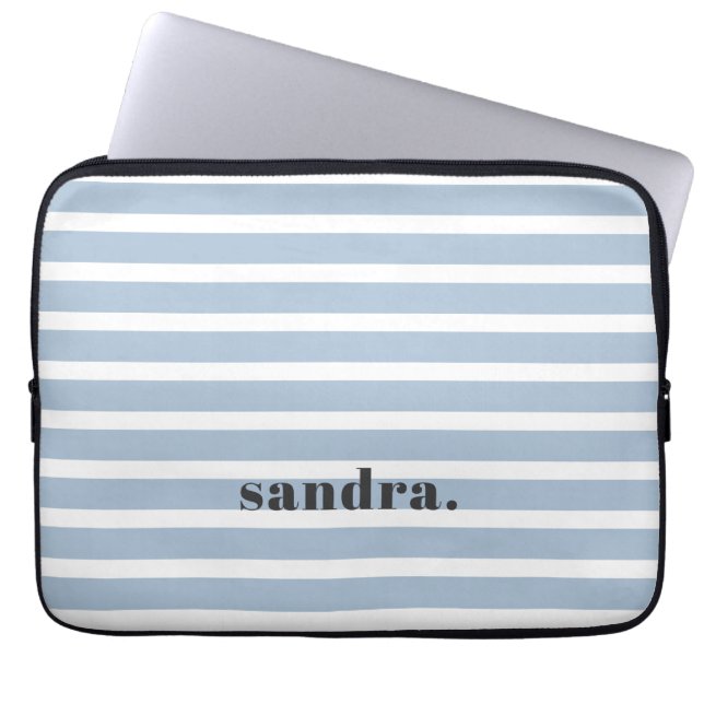 Bold Custom Name Dusty Blue Stripes Personalised  Laptop Sleeve (Front)